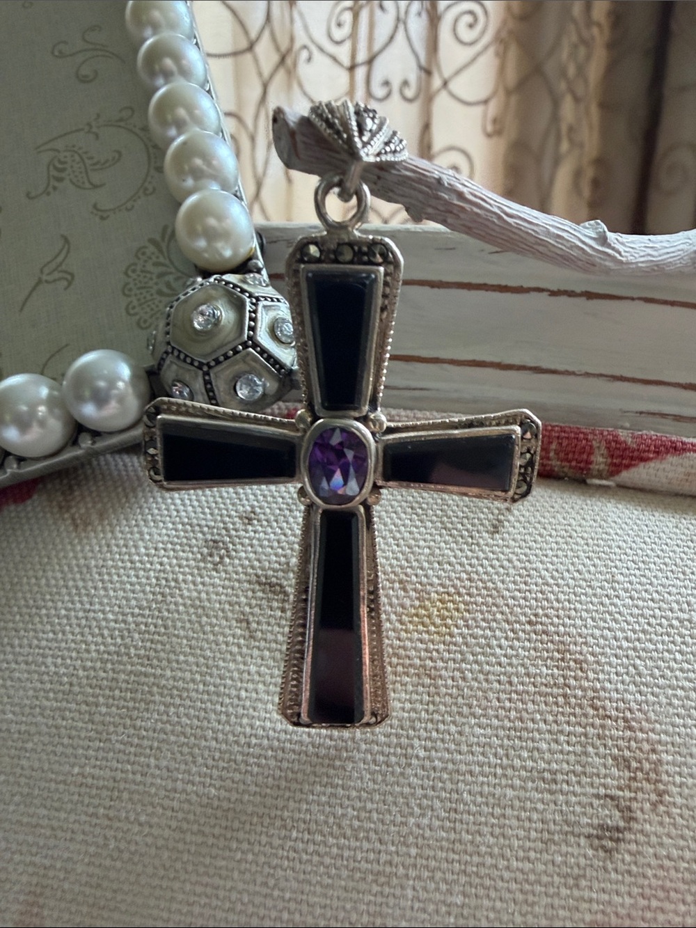 Vintage-Inspired Black Onyx Cross Pendant Necklace with amethyst